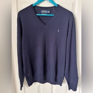 Mens Polo Ralph Lauren Merino Wool V Neck Sweater Lightweight Like NEW Navy Blue